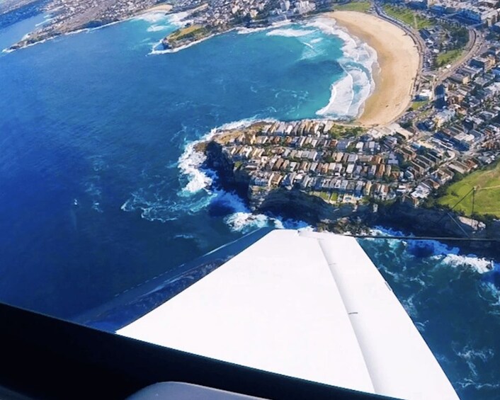 An aerial view of a coastal area with a beach, ocean, and residential buildings. 5