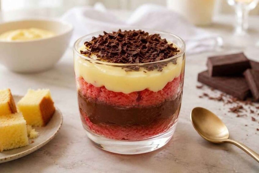 A layered dessert in a glass with a spoon beside it. 3