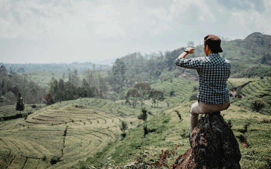 A person sitting on a rock, overlooking terraced fields in a hilly landscape. 4