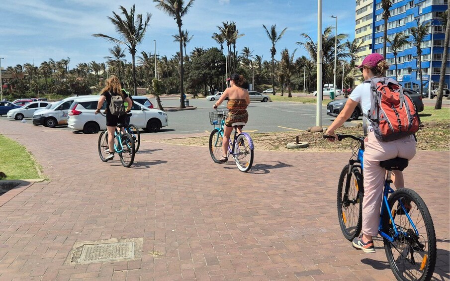 Two people riding bicycles on a paved path with palm trees and parked cars in the background. 2