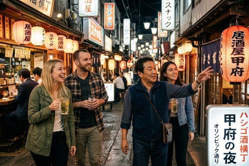 A group of people walking through a narrow street lined with traditional Japanese lanterns and signs. 3