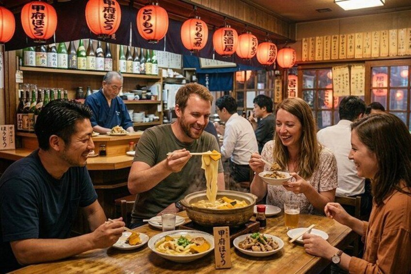 A group of people dining at a restaurant with traditional decor and Japanese writing on the walls. 5