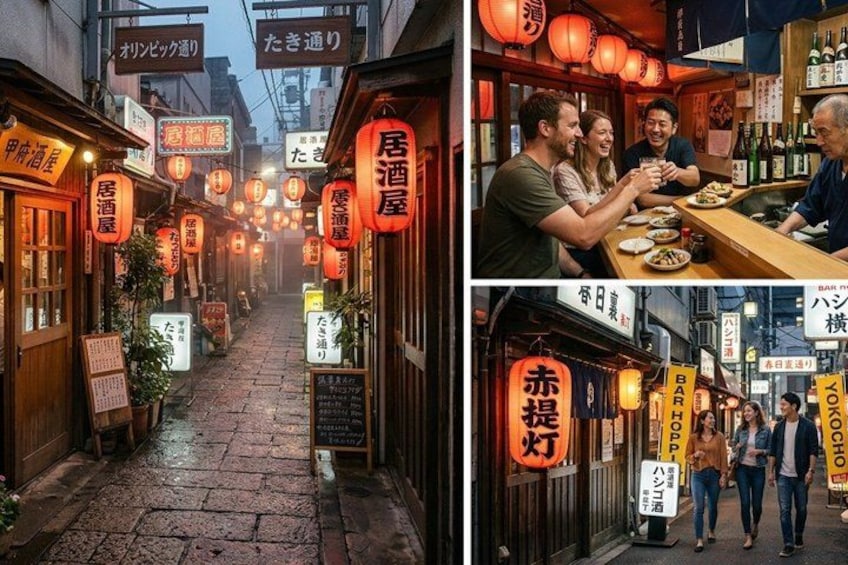 A narrow street lined with traditional Japanese restaurants, lanterns, and signs in Japanese. 1
