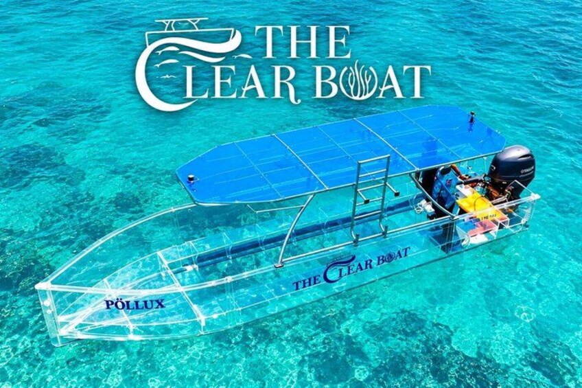 A clear boat named 'The Clear Boat' with a blue canopy, a motor, and a person on board. 2