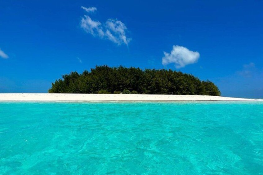 A clear turquoise sea, a white sandy beach, and a forested island. 4