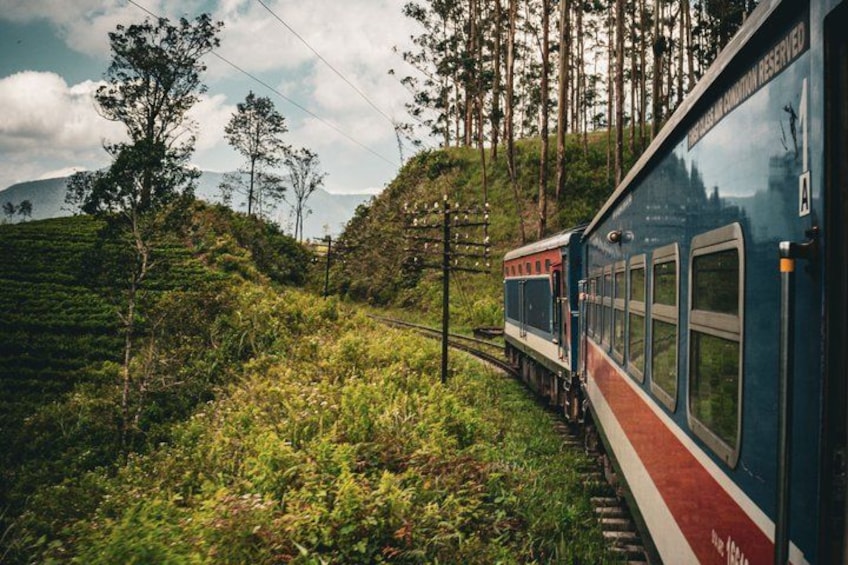 A train traveling through a lush, green landscape with trees and hills. 2