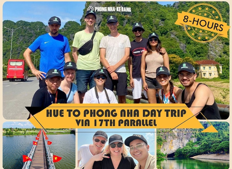 A group of people on a day trip to Phong Nha-Ke Bang, Vietnam, via the 17th parallel, with a red bus in the background. 1