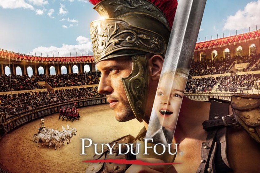 A historical arena with a central arena, spectators, and a figure holding a sword. 1