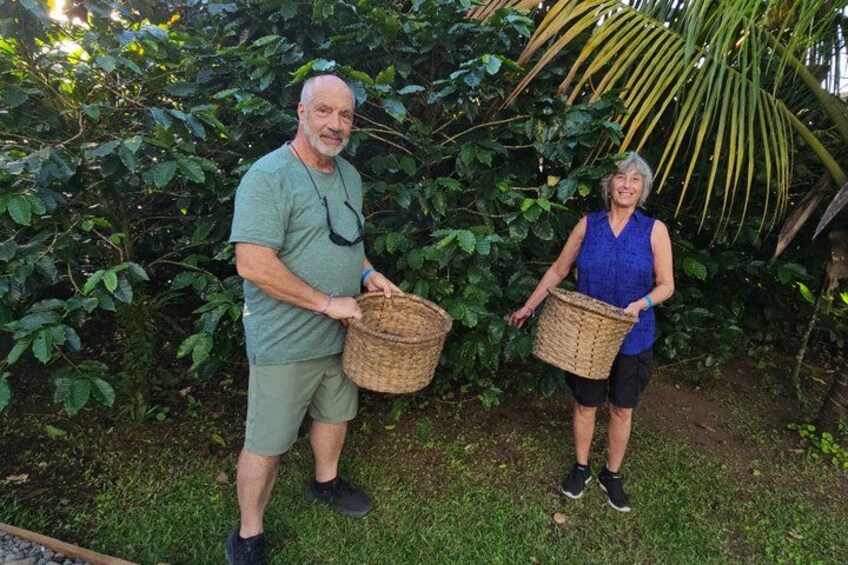 Two people holding woven baskets in a garden with dense foliage and a palm tree. 5