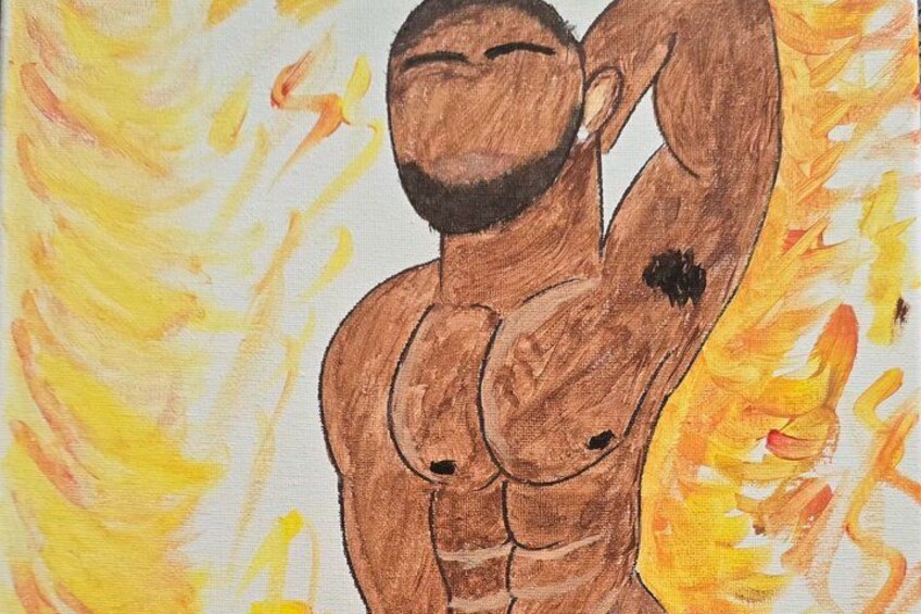 A person with a beard and a muscular build, surrounded by flames. 4