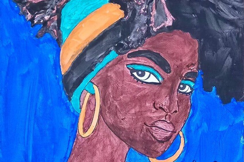 A painting of a person with a blue background. 1
