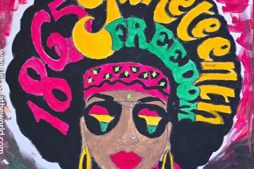 A colorful abstract painting with bold text and shapes. 2