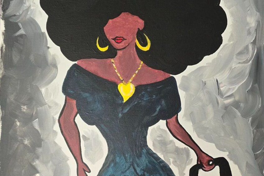A woman with a large afro hairstyle, wearing a black dress and a gold necklace with a heart pendant. 5