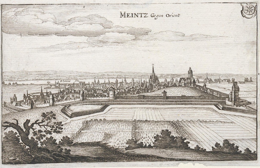 A detailed landscape engraving of a fortified city with a prominent church tower, surrounded by fields and a river. 2