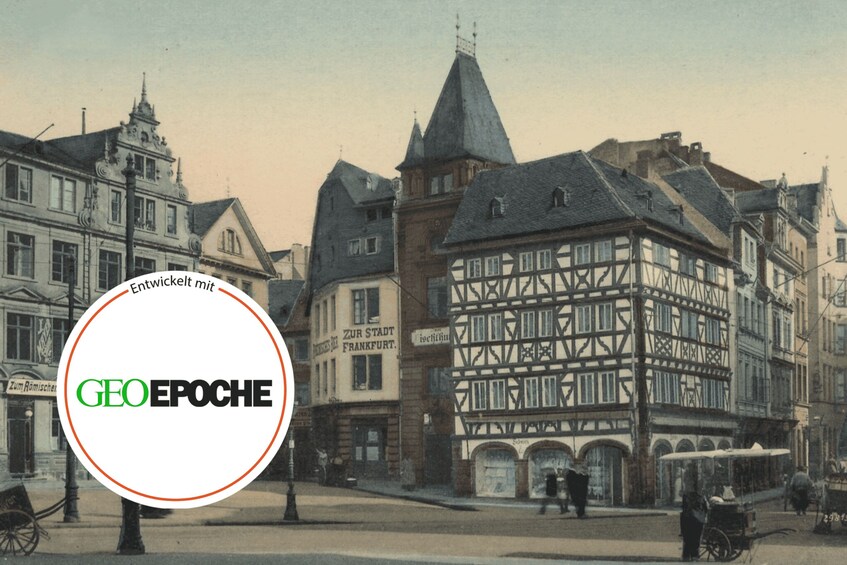 A historical European street scene with half-timbered buildings and a prominent church steeple. 3