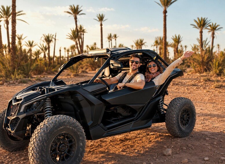 A black off-road vehicle on a dirt road with palm trees in the background. 4