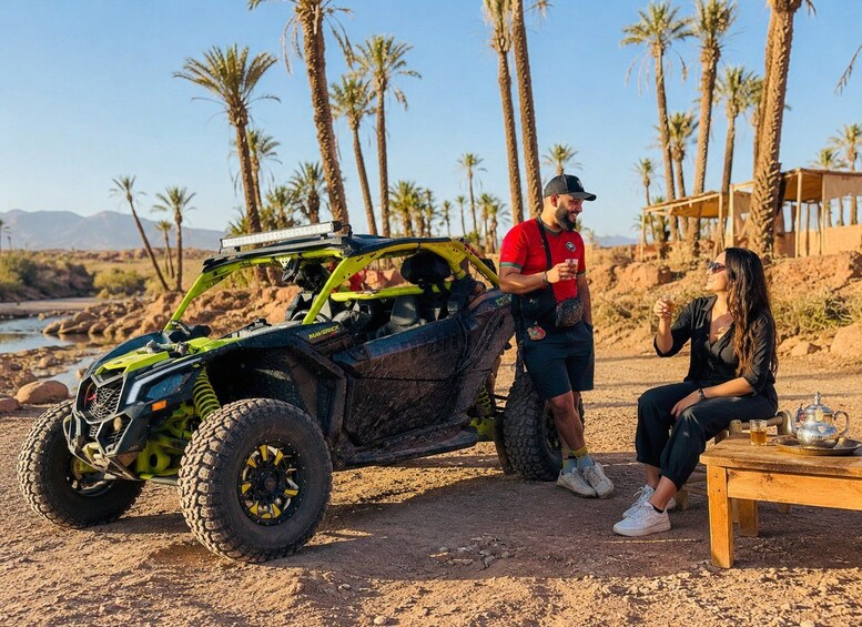 A desert landscape with palm trees, a dirt road, and a green off-road vehicle. 2
