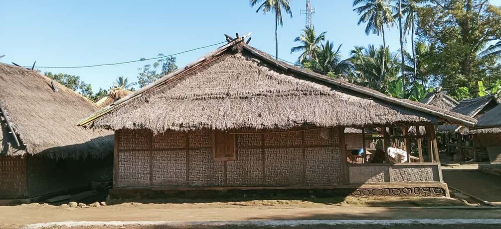 A traditional thatched-roof house with a wooden facade, surrounded by palm trees and a clear sky. 3