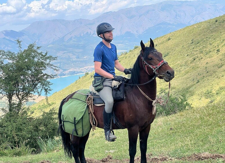 Una persona cavalca un cavallo su un pendio erboso, con un paesaggio montuoso sullo sfondo. 3