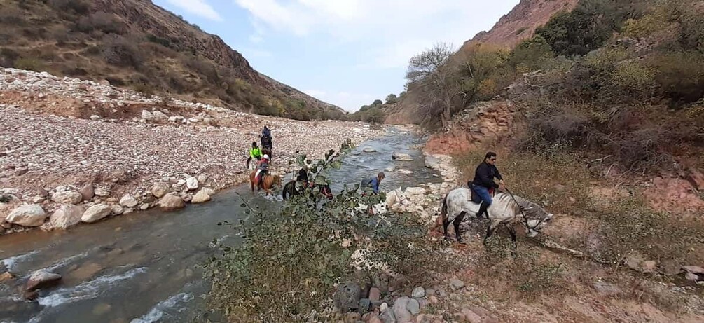Un fiume con persone a cavallo e una persona su un asino. 5