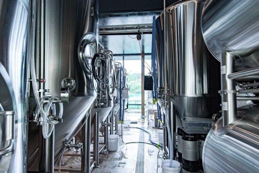Stainless steel brewing tanks, pipes, and a window in a brewery. 2