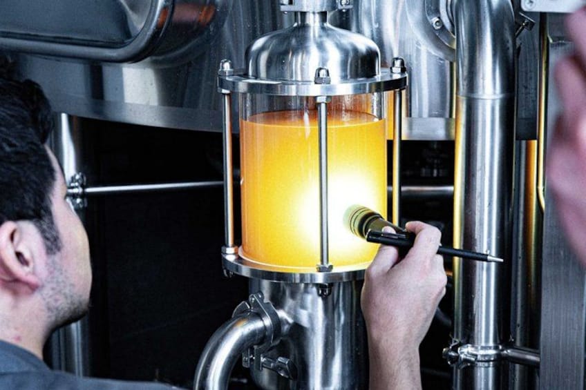 A person operating a stainless steel brewing apparatus with a yellow liquid. 3