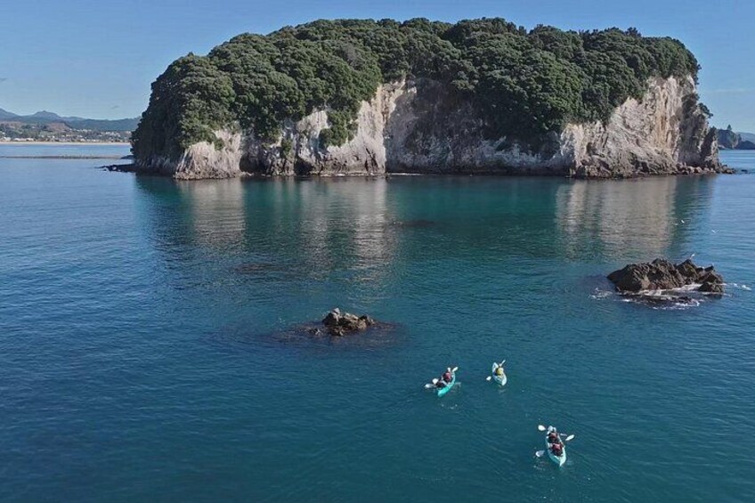 A group of kayakers on a calm sea with a large island in the background. 2