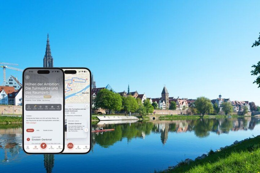 A smartphone displaying a map application with a view of a river, buildings, and a church spire. 1