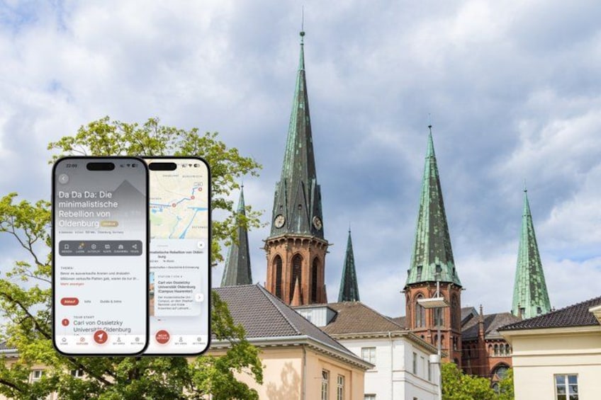 A smartphone displaying a news article titled 'Da Da Da: Die minimalistische Rebellion von Oldenburg' with a map and a clock tower in the background. 1