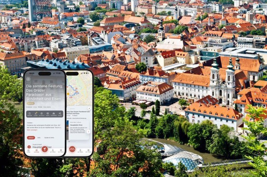 A smartphone displaying a map with a location marked 'Die samtene Festung: Das Grazer Paradoxon aus Schnee und Eisen' in a European cityscape. 1