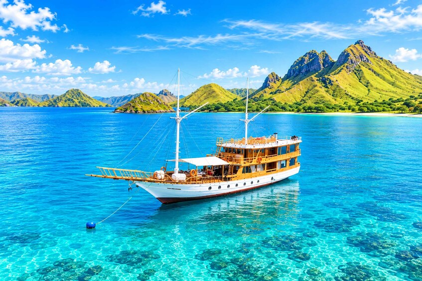 Een boot op helderblauw water met een bergachtig landschap op de achtergrond. 1