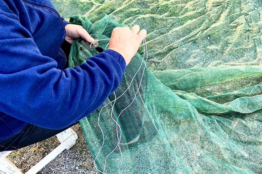 A person knitting with green yarn. 3
