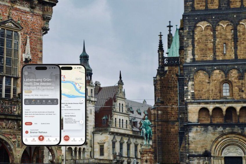 A smartphone displaying a map with a location marker, a historic building with a statue, and a church with a spire. 1
