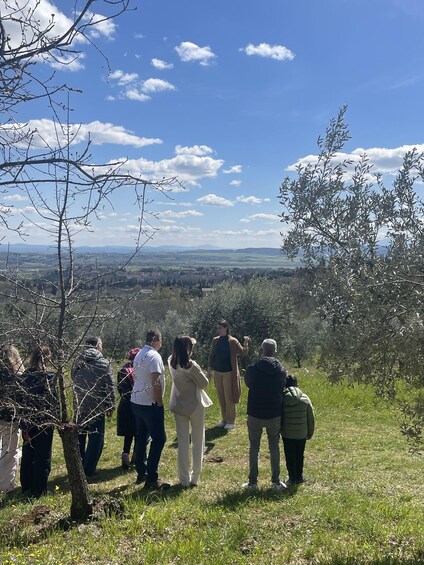 A group of people standing on a grassy hill overlooking a valley with trees and a clear sky. 3