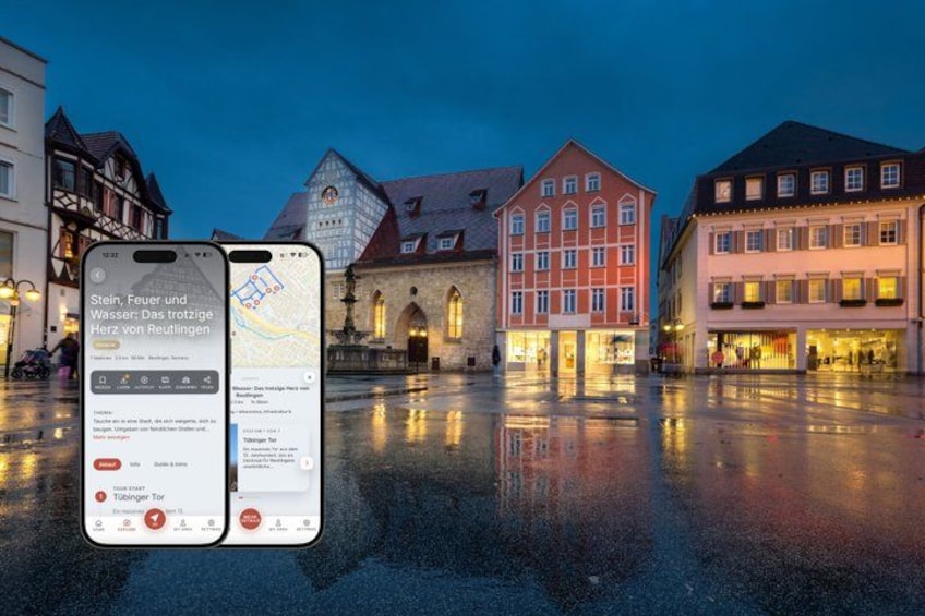 A wet square with historic buildings and two smartphones displaying a map. 1
