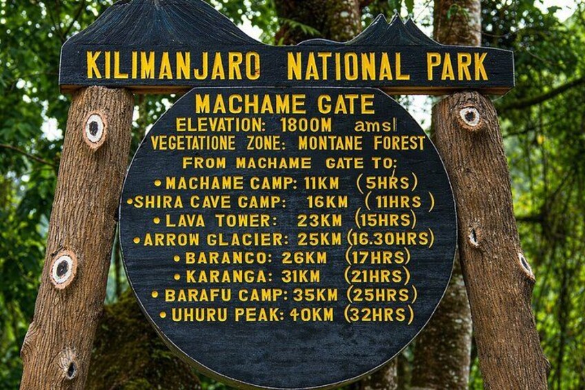 A sign at Kilimanjaro National Park detailing distances and hiking times to various camps and peaks. 5