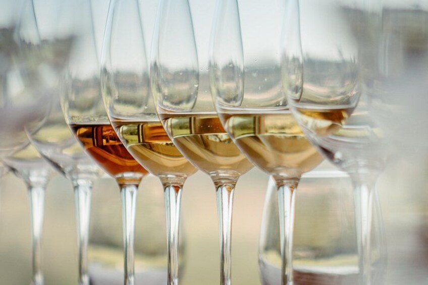 A row of wine glasses filled with a light-colored liquid, likely wine, against a blurred background. 3