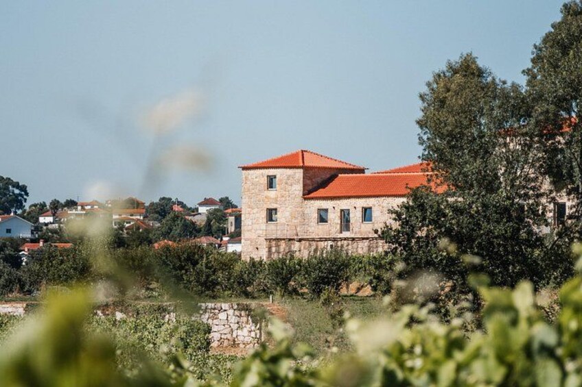 A stone building with a red roof, surrounded by greenery and other houses in the background. 2