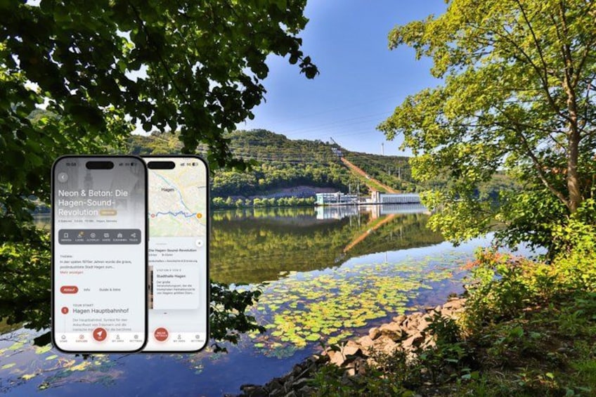 Two smartphones displaying a map with a lake, a dam, and surrounding greenery. 1