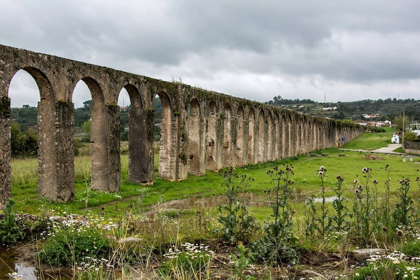 A long, arched stone bridge with vegetation growing on it, set in a rural landscape with fields and a cloudy sky. 1