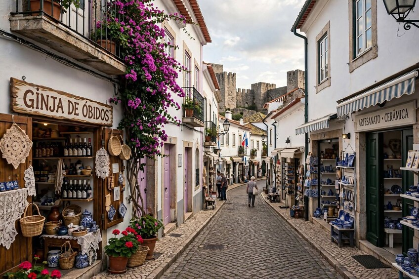 A cobblestone street lined with shops, including a ceramics store and a store with wicker baskets. 5
