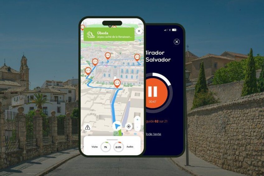 A smartphone displaying a map with a route marked in red, a play button, and a location named 'Irirador Salvador' with a guide number. 1