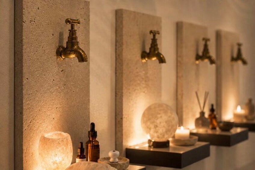 A spa setting with a stone wall, a stone basin, a candle, and a bottle of essential oil. 5