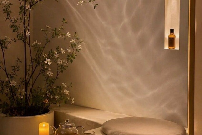 A serene indoor setting with a potted plant, a lit candle, a glass jar, and a bottle on a bedside table. 3