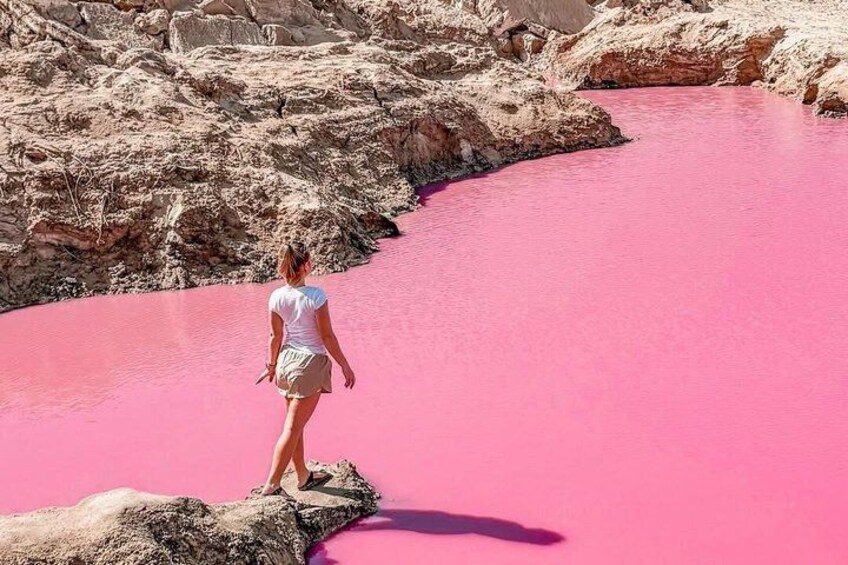 A person standing on a rock by a pink river. 3