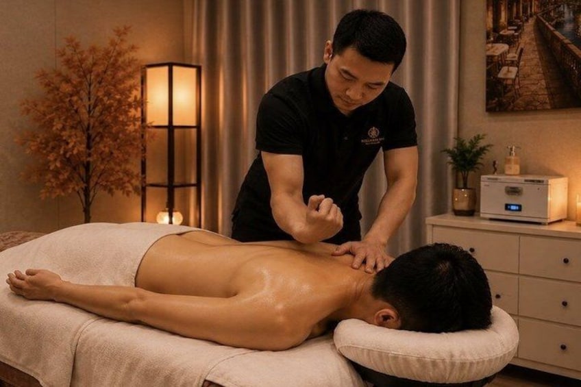 A massage therapy session in a spa setting with a massage table, a massage therapist, a lamp, and a decorative plant. 2