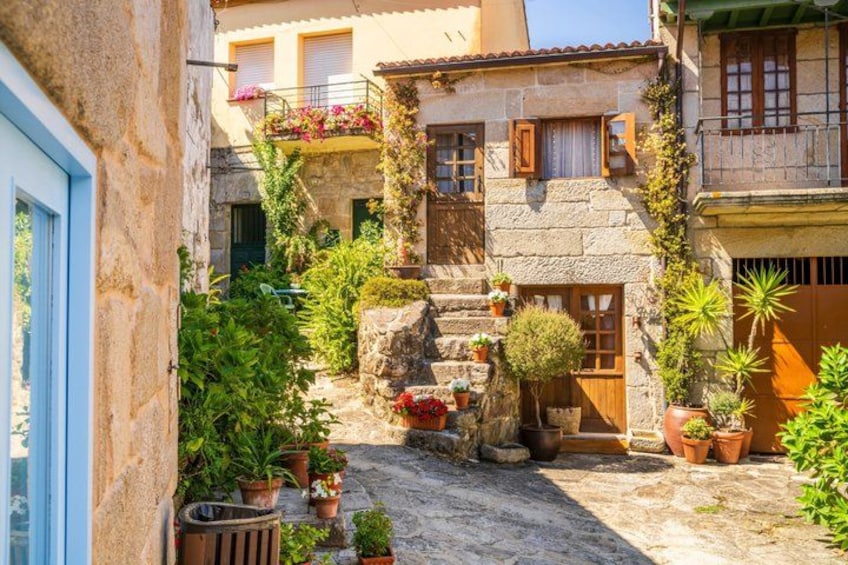 A narrow street with stone buildings, potted plants, and a cobblestone path. 5
