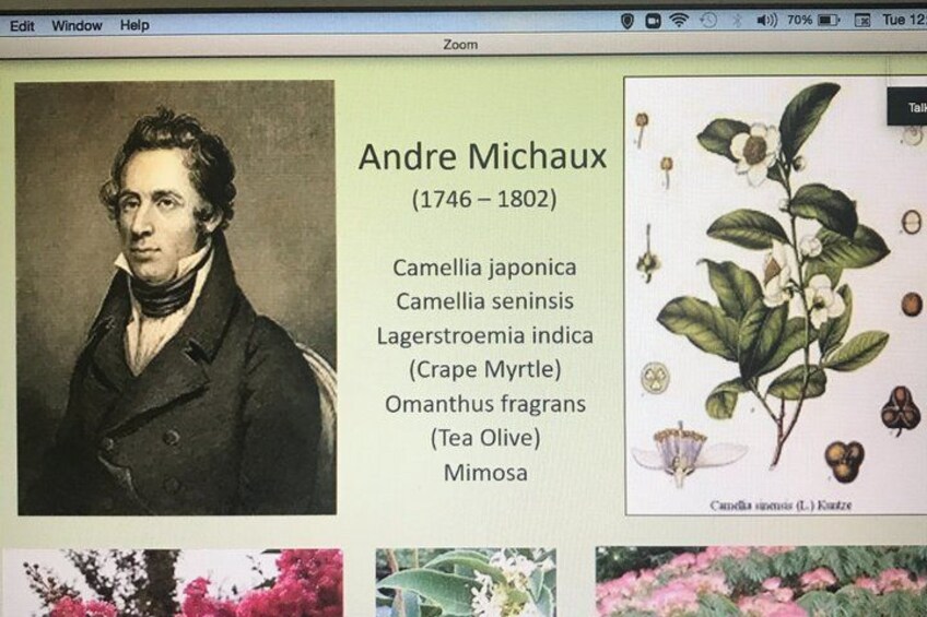 A historical figure with a portrait and a list of plants. 4