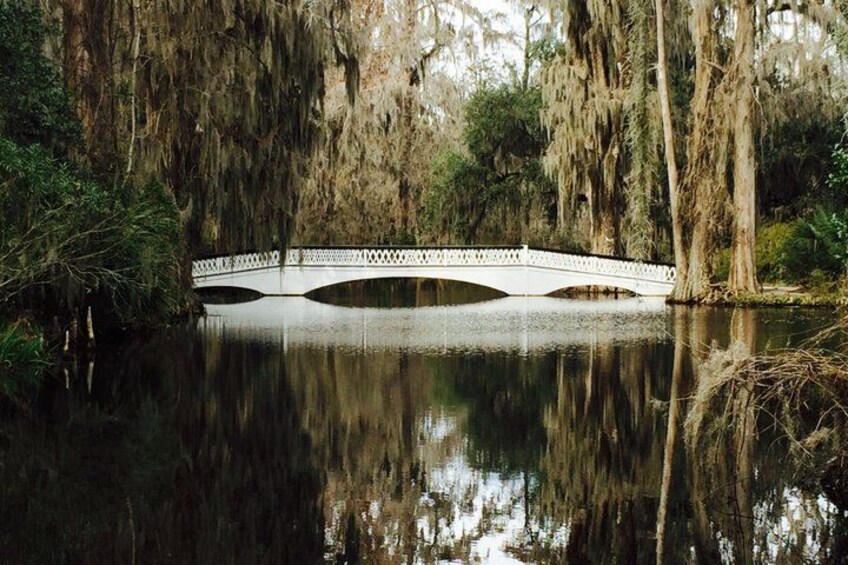 A white bridge over a calm body of water, surrounded by trees with hanging moss. 3