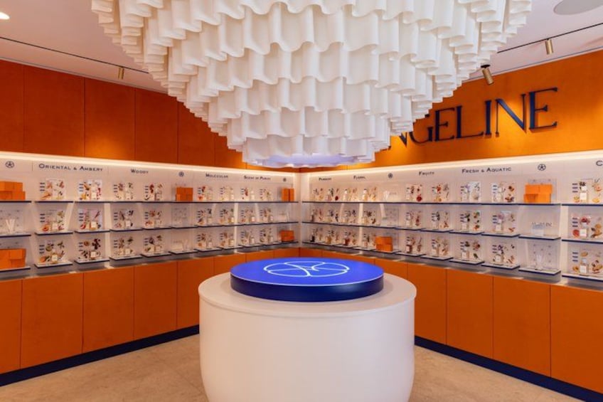 A store interior with shelves of products, a central display table, and a unique ceiling design. 2
